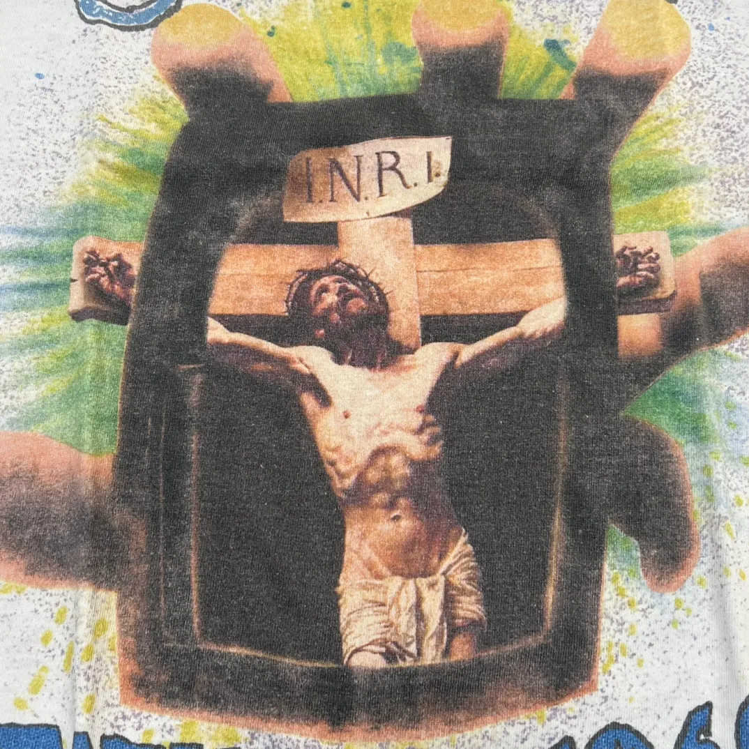 SAINT MICHAEL SAINT WAR TEE/WHAT new style Jesus cross retro short-sleeved, off-white S-XL, ready-to-wear, washed and distressed, printed repeatedly and modified, tube-woven seamless fabric, with little angel anti-counterfeiting label